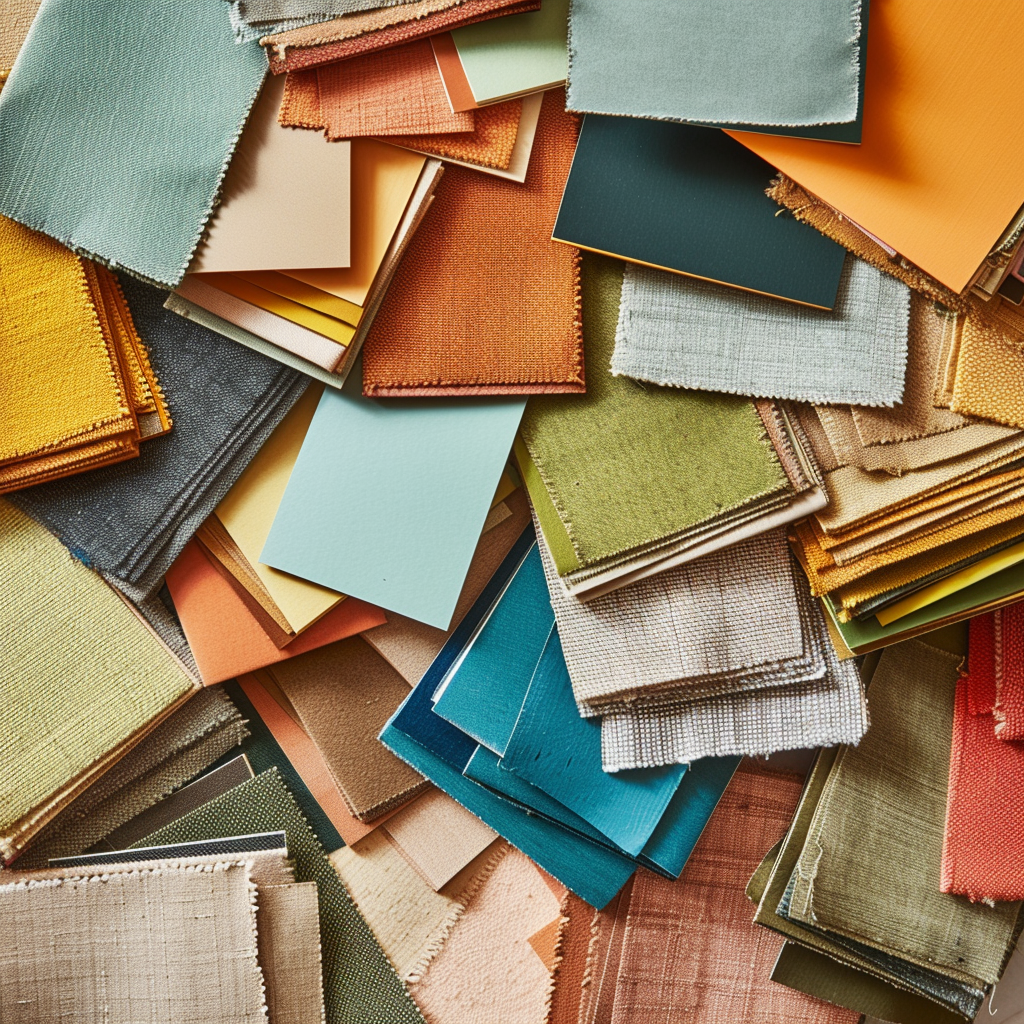 Collection of retro color swatches displaying mid-century modern design hues such as teal, mustard yellow, burnt orange, and olive green, arranged flat with authentic materials like tweed and vinyl under natural light.