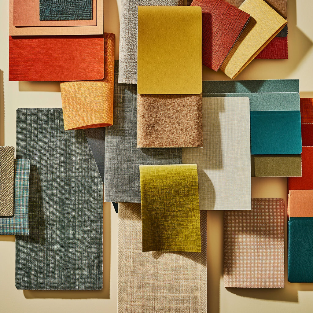 A collection of retro color swatches arranged on a flat surface, showcasing mid-century modern hues like teal, mustard yellow, burnt orange, and olive green, complemented by dusty pink, cadet blue, and taupe, made from materials such as tweed, vinyl, and sunburst textures under diffused natural light.