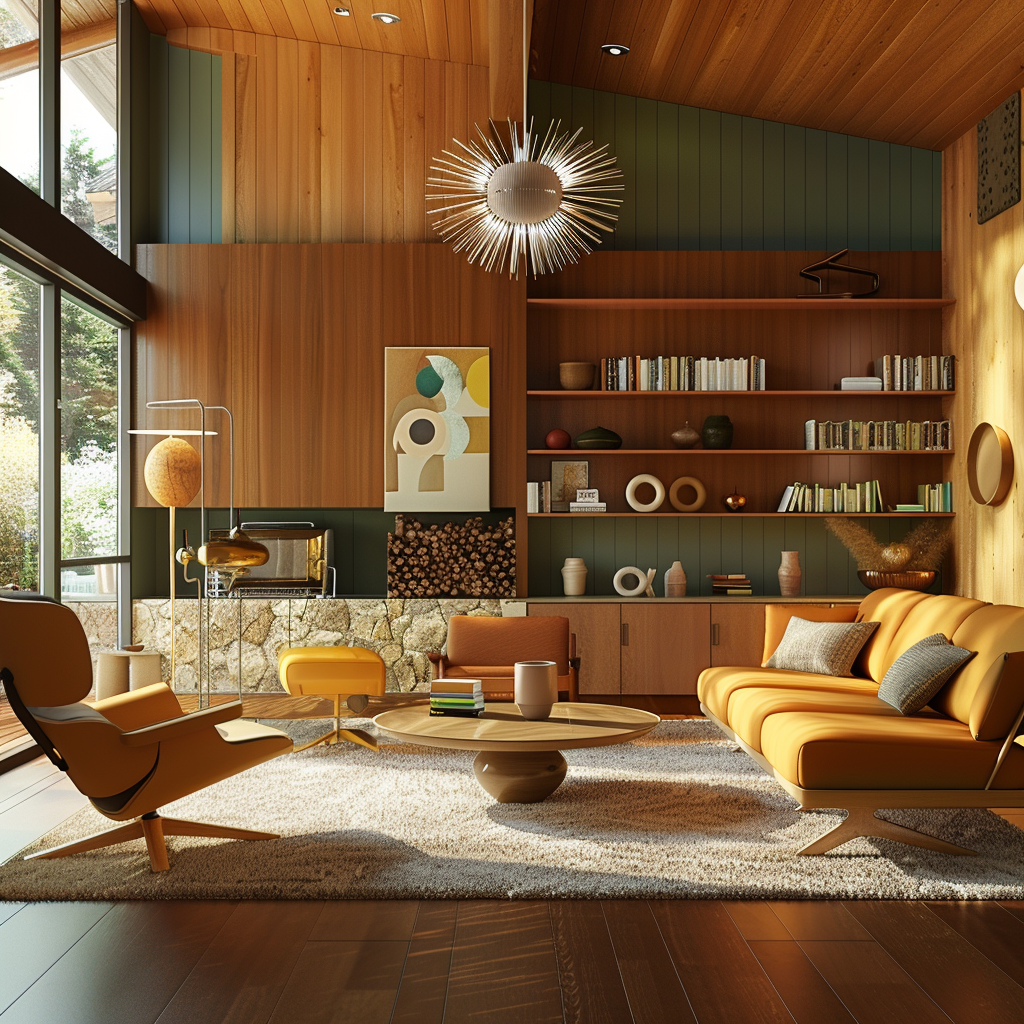 Photorealistic mid-century modern living room featuring clean lines, a palette of olive green, mustard yellow, and burnt orange, Eames lounge chair, Noguchi coffee table, low-profile couch, modular shelving, expansive windows, Arco floor lamp, stone facade fireplace, abstract art, and textural elements.