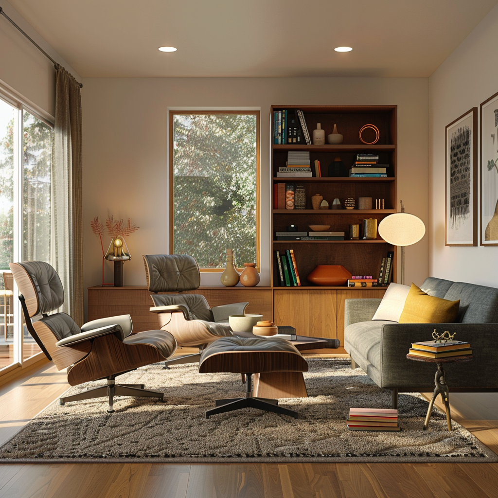 Photorealistic image of a mid-century modern living room with a walnut Eames lounge chair, grey contemporary sofa, round white marble coffee table, and natural light from floor-to-ceiling windows. The room features a cohesive color scheme with mustard yellow, teal, and soft grey accents, a Sputnik chandelier, light oak hardwood flooring, and varied textures including smooth leather, brushed brass, and velvet pillows. A gallery wall of mid-century abstract art is behind the Eames chair.