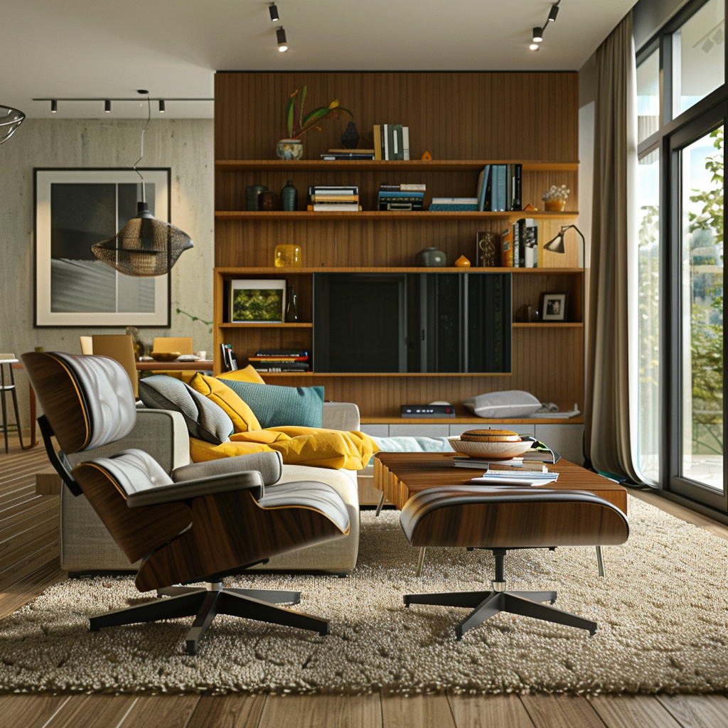 Spacious living room blending mid-century charm with contemporary elegance. Features a deep teal and warm mustard color palette, mid-century teak sofa, modern grey armchairs, and vintage teak coffee table. Natural light from large windows with sheer white drapes, mid-century floor lamp, and wall-mounted shelving displaying ceramics and art.