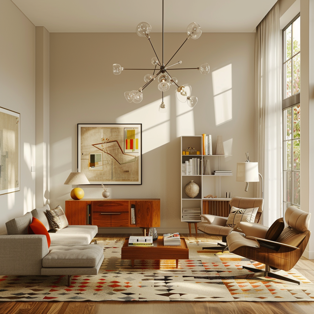 Elegant mid-century modern living room with a gray sofa, Eames-style lounge chairs, and a walnut coffee table. The space features a warm neutral palette with vibrant accents of burnt orange, mustard yellow, deep teal, and olive green. Ample natural light from large windows with sheer draperies highlights the room, complemented by Sputnik chandeliers and arc floor lamps. An abstract art piece adorns the wall above the credenza.