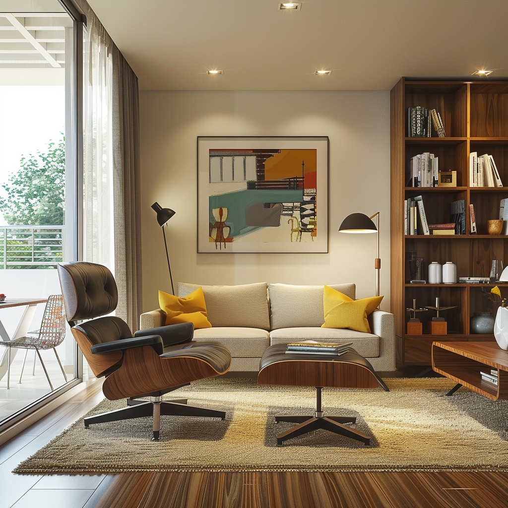 A beautifully designed living room blending mid-century modern and contemporary styles with muted earthy tones, highlighted by a classic Eames lounge chair, a grey sofa, Noguchi coffee table, and a walnut shelving unit displaying mid-century pottery, captured in photorealistic 8K resolution.