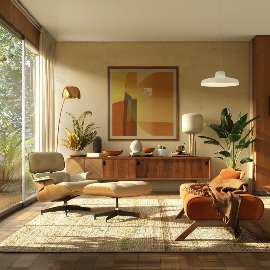 Mid-century modern living room featuring an Eames lounge chair, George Nelson bench, floating teak sideboard, and contemporary textiles in a warm color palette with accents of burnt orange and olive green.