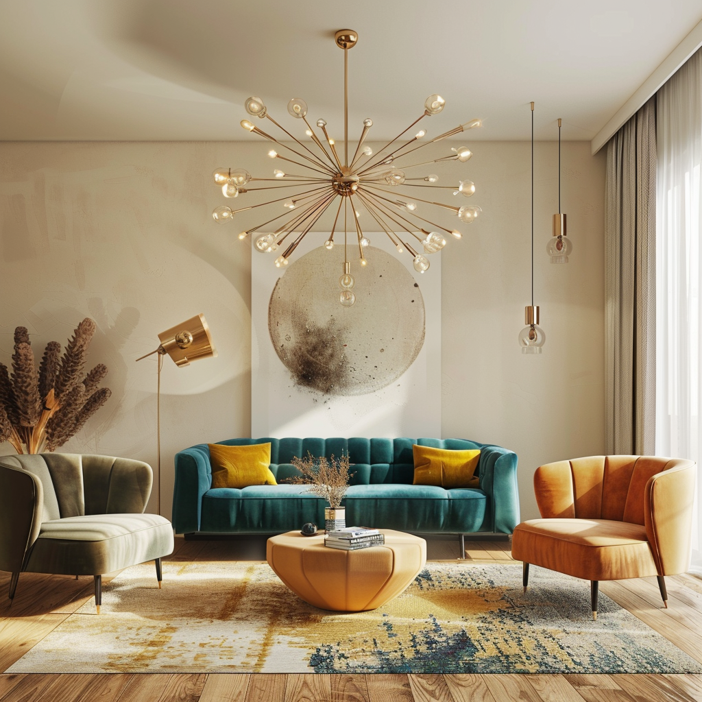 Photorealistic image of a mid-century modern living room featuring a teal velvet sofa, mustard armchairs, a walnut coffee table, and a Sputnik chandelier, shot in 8K resolution.