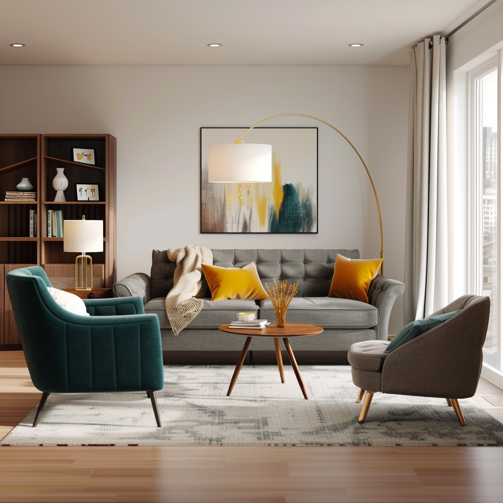 Spacious mid-century modern living room with a charcoal gray sofa, teal armchairs, walnut coffee table, light gray area rug, and a striking arc floor lamp. Large windows with sheer white curtains provide ample natural light.