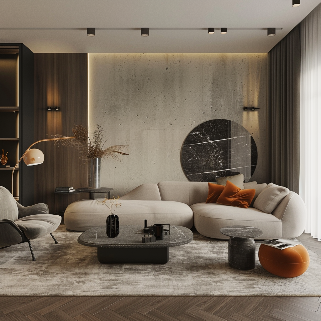 A modern twist on a mid-century living room featuring innovative lighting solutions, stylish furniture, and a balanced color palette.