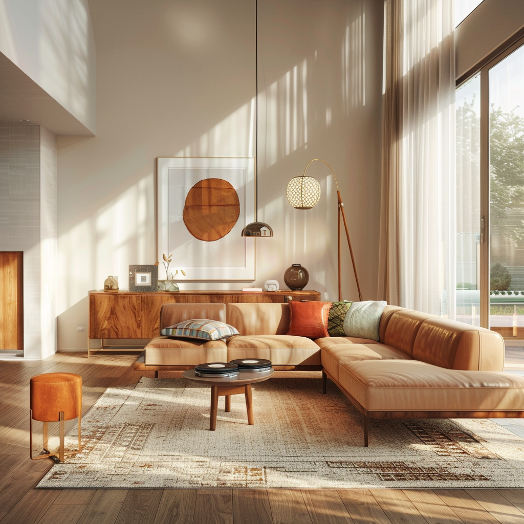 A spacious mid-century modern living room with a taupe leather sectional, teak wood credenza, walnut end tables with geometric lamps, a woven rug, and a glass top teak coffee table, illuminated by natural light from floor-to-ceiling windows.