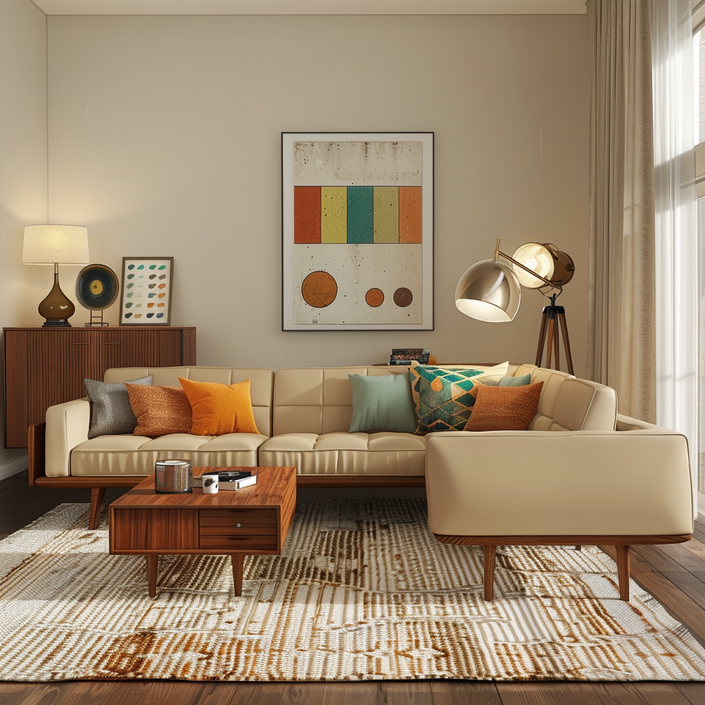 A spacious mid-century modern living room with a taupe leather sectional sofa, teak wood credenza, minimalist walnut end tables, and a large woven area rug. Natural light streams through floor-to-ceiling windows, enhanced by a tripod floor lamp with an oversized drum shade.