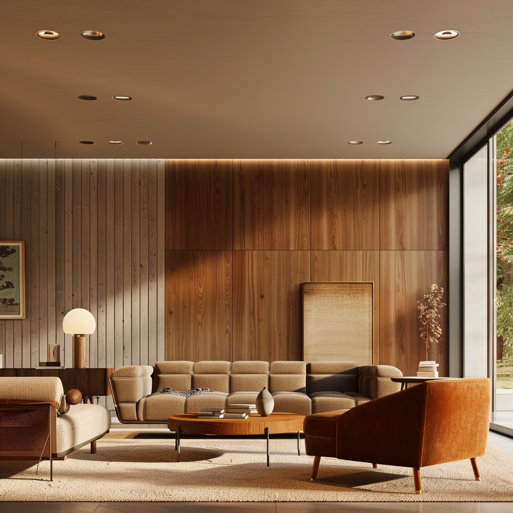 Photorealistic mid-century modern living room with recessed lighting, featuring a low-profile tufted sofa, Eames lounge chairs, wooden coffee table, and a sophisticated earth-tone color scheme. Natural light streams through floor-to-ceiling windows, supplemented by sunken lights in the ceiling.