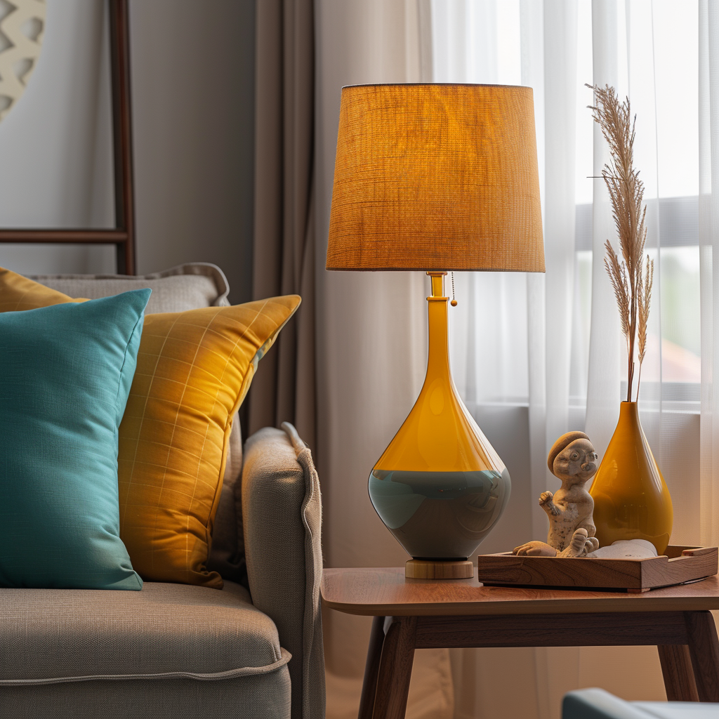 Mid-century modern living room with a sculptural table lamp on a walnut side table, grey-upholstered sofa, warm wood tones, and pops of mustard yellow and teal, illuminated by natural light and ambient glow from the lamp.