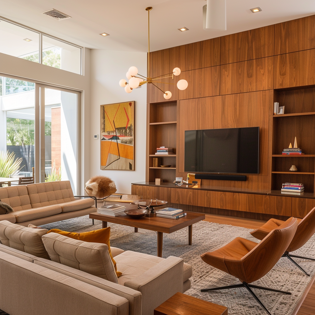 Spacious mid-century modern living room with wall-mounted TV, tufted leather sofa, Eames lounge chairs, Noguchi coffee table, large windows, and accent colors in a warm, earthy palette.