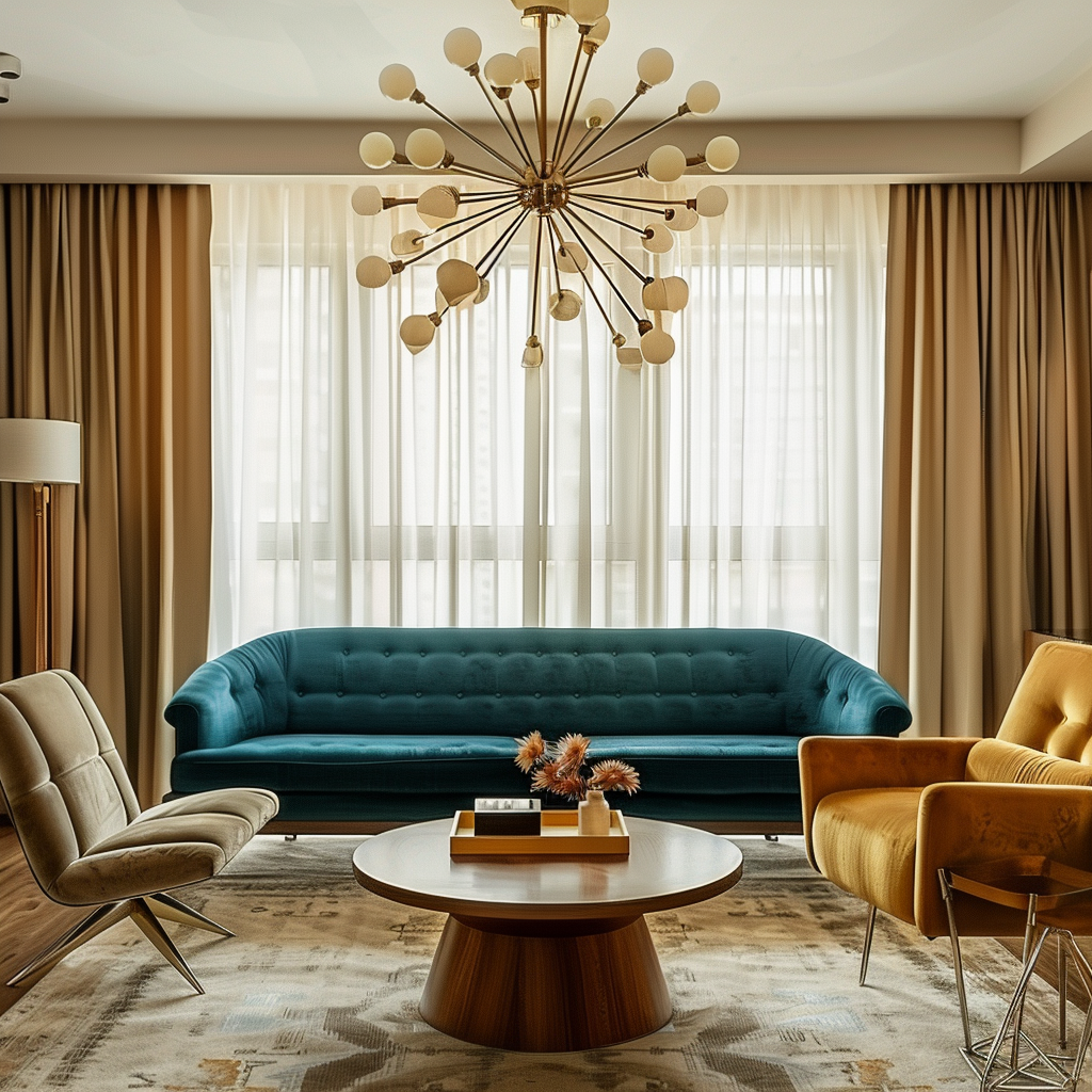 Sophisticated mid-century modern living room with a teal velvet sofa, mustard armchairs, walnut coffee table, and Sputnik chandelier. The room features neutral tones, varied textures, and a living wall of greenery.