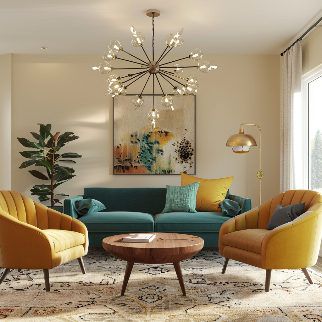 Photorealistic mid-century modern living room with teal velvet sofa, mustard armchairs, walnut coffee table, and a Sputnik chandelier, featuring warm neutral tones and a living wall of greenery.