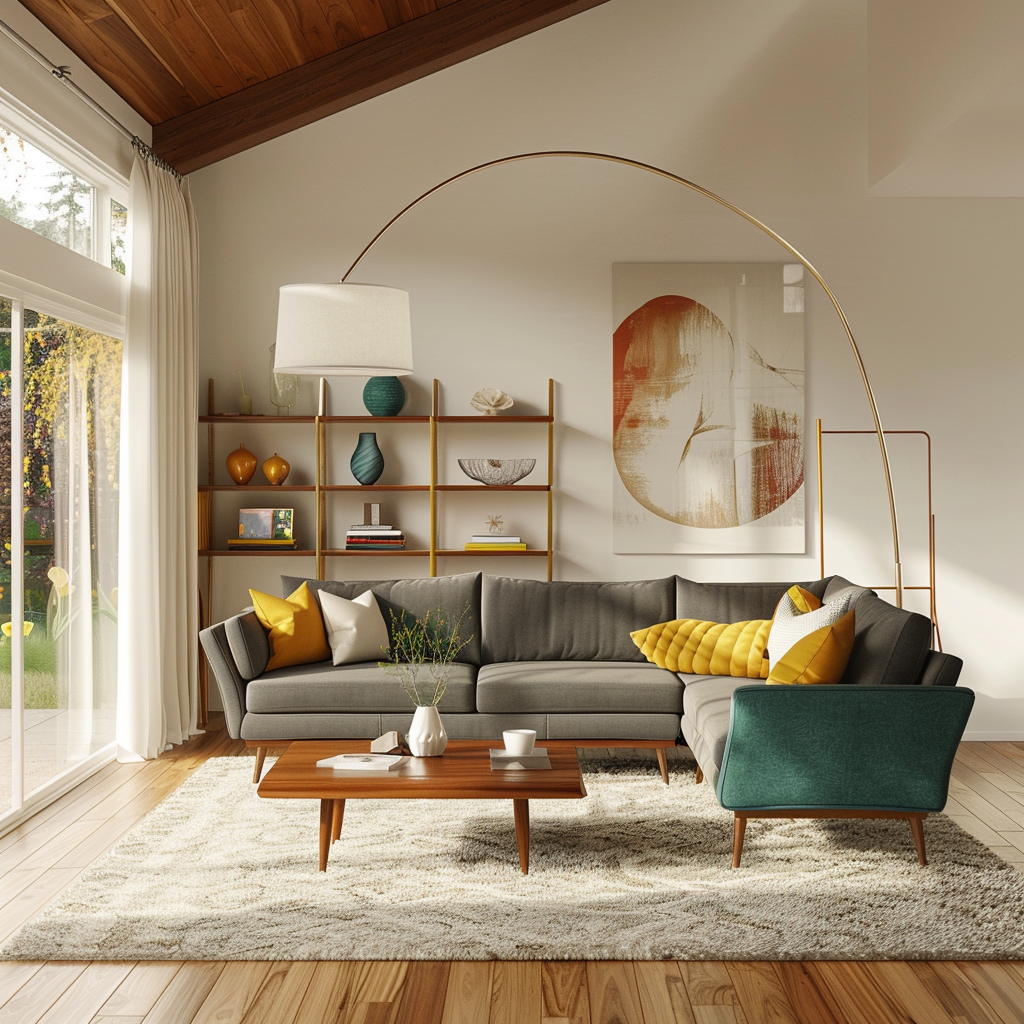 Spacious mid-century modern living room with a charcoal gray sofa, teal armchairs, walnut coffee table, and a striking arc floor lamp, featuring a serene and sophisticated atmosphere with ample natural light and decorative accents.