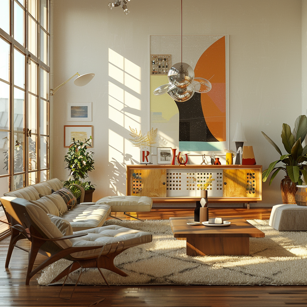 Mid-century modern living room with sleek furniture, vibrant accents, large windows with sheer curtains, and a Sputnik chandelier. The space features a low-profile sofa, wooden coffee table, geometric sideboard, shaggy rug, potted plants, and a large abstract painting, captured in warm, natural light.