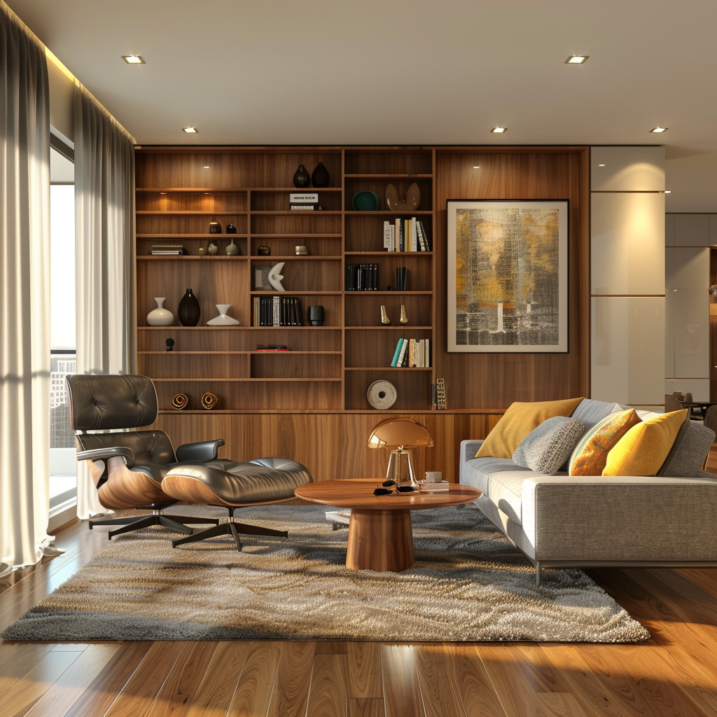 Photorealistic living room blending mid-century modern and contemporary design elements, featuring an Eames lounge chair, grey sofa, Noguchi coffee table, walnut shelving, and natural lighting with earthy tones accented by mustard yellow and teal.