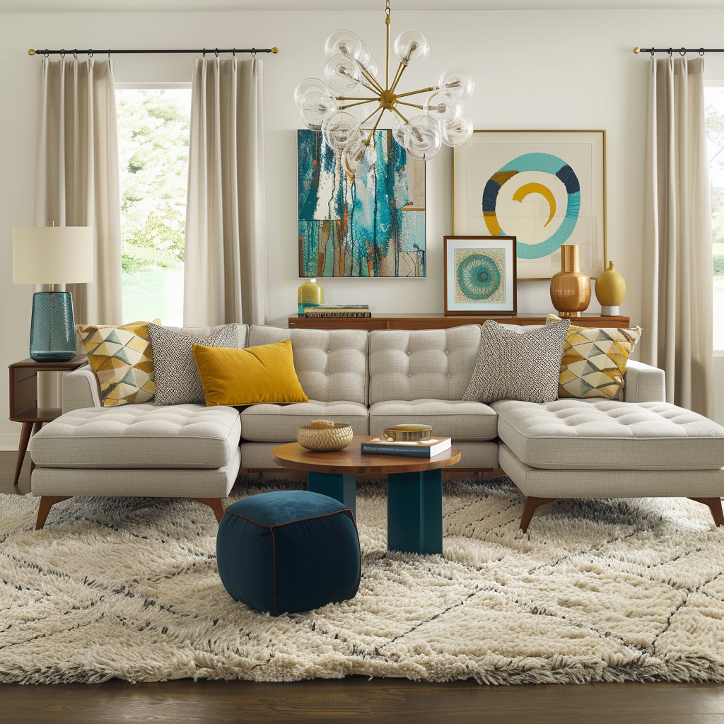 Sophisticated living room combining mid-century modern and contemporary styles with geometric patterns, light gray sectional sofa, teak coffee table, teal and mustard yellow accents, walnut sideboards, shaggy ivory rug, leather poufs, and a large abstract painting.