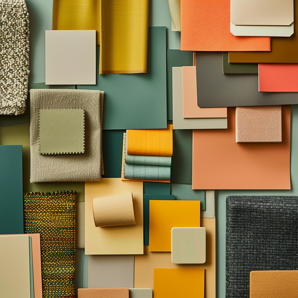 Collection of retro color swatches arranged on a flat surface, showcasing mid-century modern design with shades of teal, mustard yellow, burnt orange, olive green, dusty pink, cadet blue, and taupe. Materials include tweed, vinyl, and sunburst textures, photographed under natural daylight.