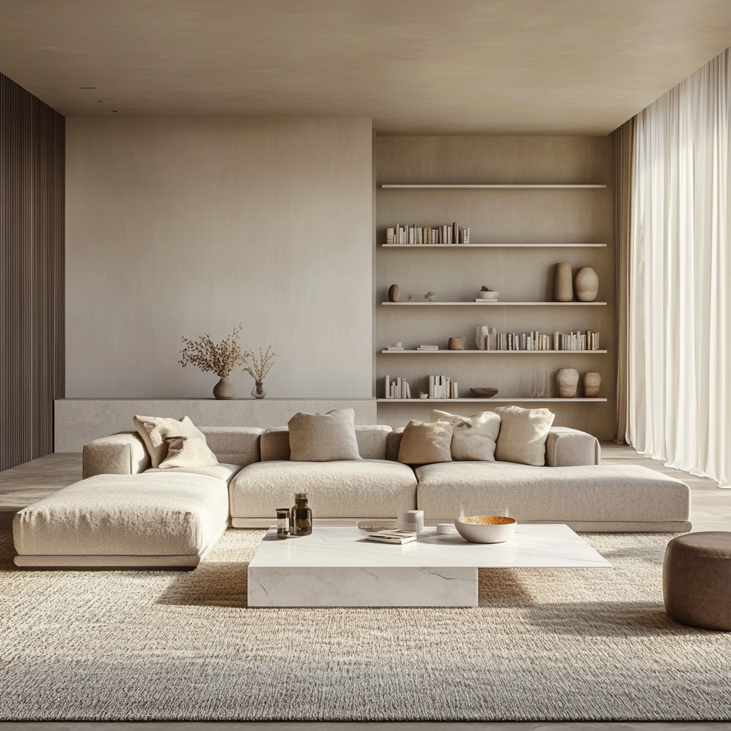 Photorealistic living room with minimalist modern design, featuring a neutral color palette of beige, grey, and white. Central elements include a grey sectional sofa, white marble coffee table, sand-toned armchairs, white oak bookshelf, and large frameless window with sheer drapes, all bathed in natural light.