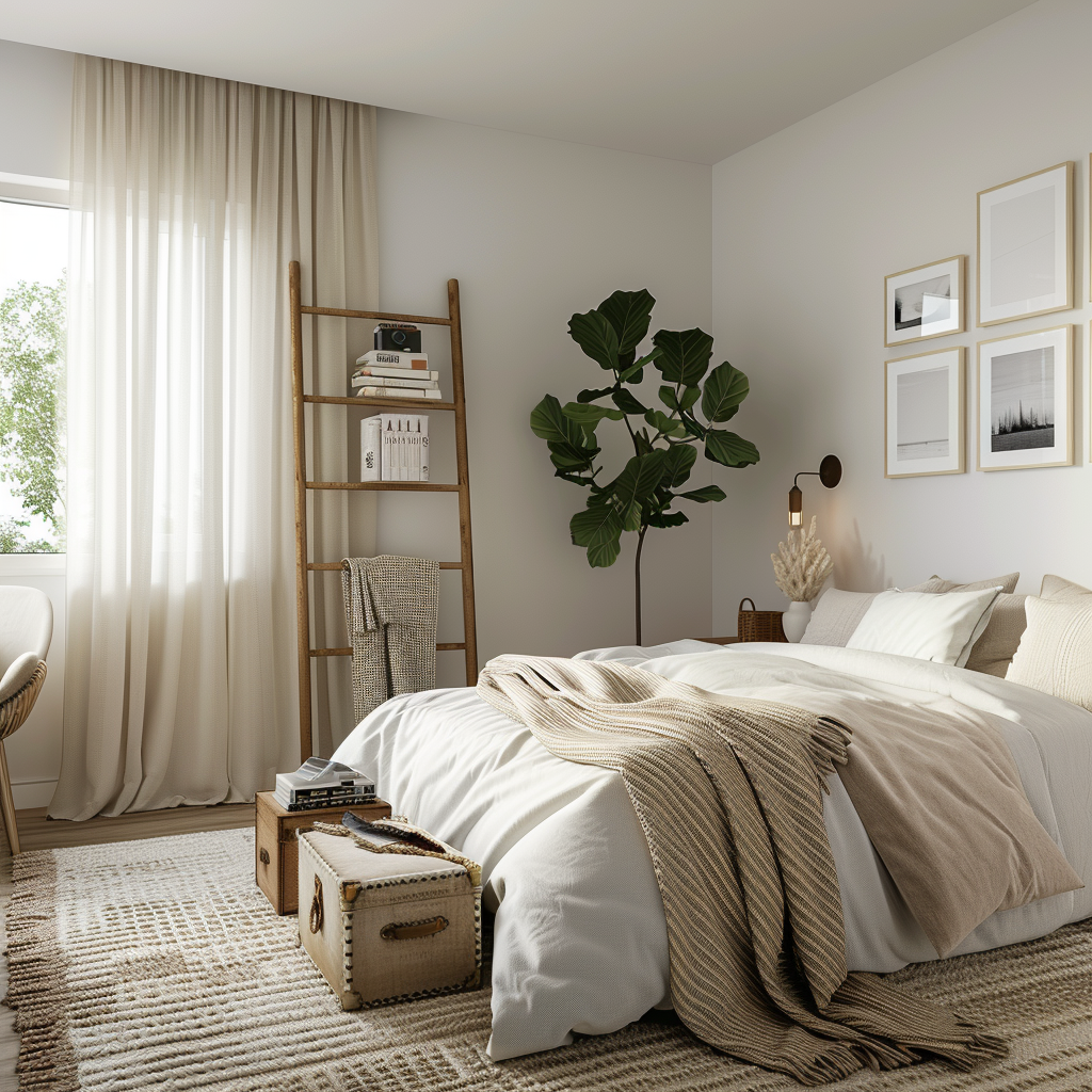 A minimalist bedroom with warm, neutral colors, featuring a queen-sized bed with a reclaimed wood headboard, a vintage ladder shelf, a mid-century modern dresser, and antique suitcase nightstands. The space is decorated with a collage of vintage frames, a hand-woven rug, and a fiddle leaf fig tree.