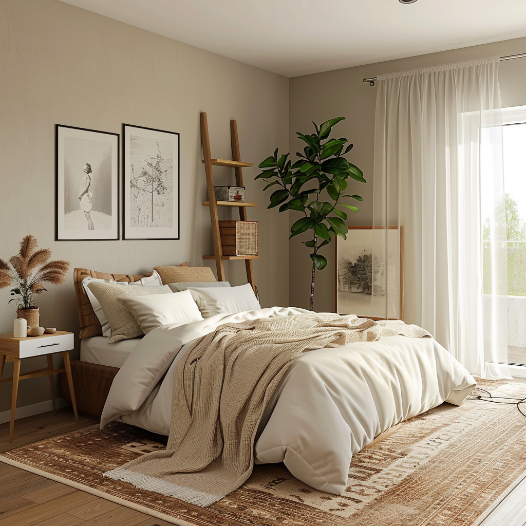 Minimalist bedroom with repurposed vintage furniture, including a wooden ladder shelf and a reclaimed wood headboard, in a warm neutral palette with natural light streaming through white curtains.