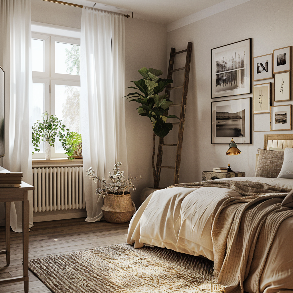 A cozy, medium-sized minimalist bedroom with soft white and beige tones, featuring repurposed vintage furniture, a reclaimed wood headboard on a queen-sized bed, and a statement wall with black and white photos in vintage frames. Natural light streams through sheer white curtains, illuminating a large potted fiddle leaf fig tree and various rustic decor elements.