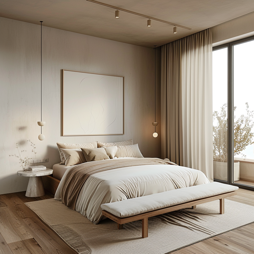 Minimalist bedroom in neutral tones with a light wood bed frame, matching nightstands, an elongated bench, ample natural light from large windows, soft wall-mounted sconces, organic fabric bedding, a woven area rug, and accents of abstract wall art and a potted green plant.