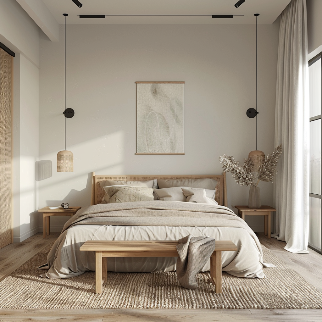 A minimalist bedroom featuring a light wood bed frame, matching nightstands, a low-profile bench, and a neutral color scheme with whites, creams, and soft greys, accentuated by earth tones. Large windows provide natural light, supplemented by wall-mounted sconces. Organic fabrics and a woven area rug add texture, with understated decor including abstract art and a potted plant.