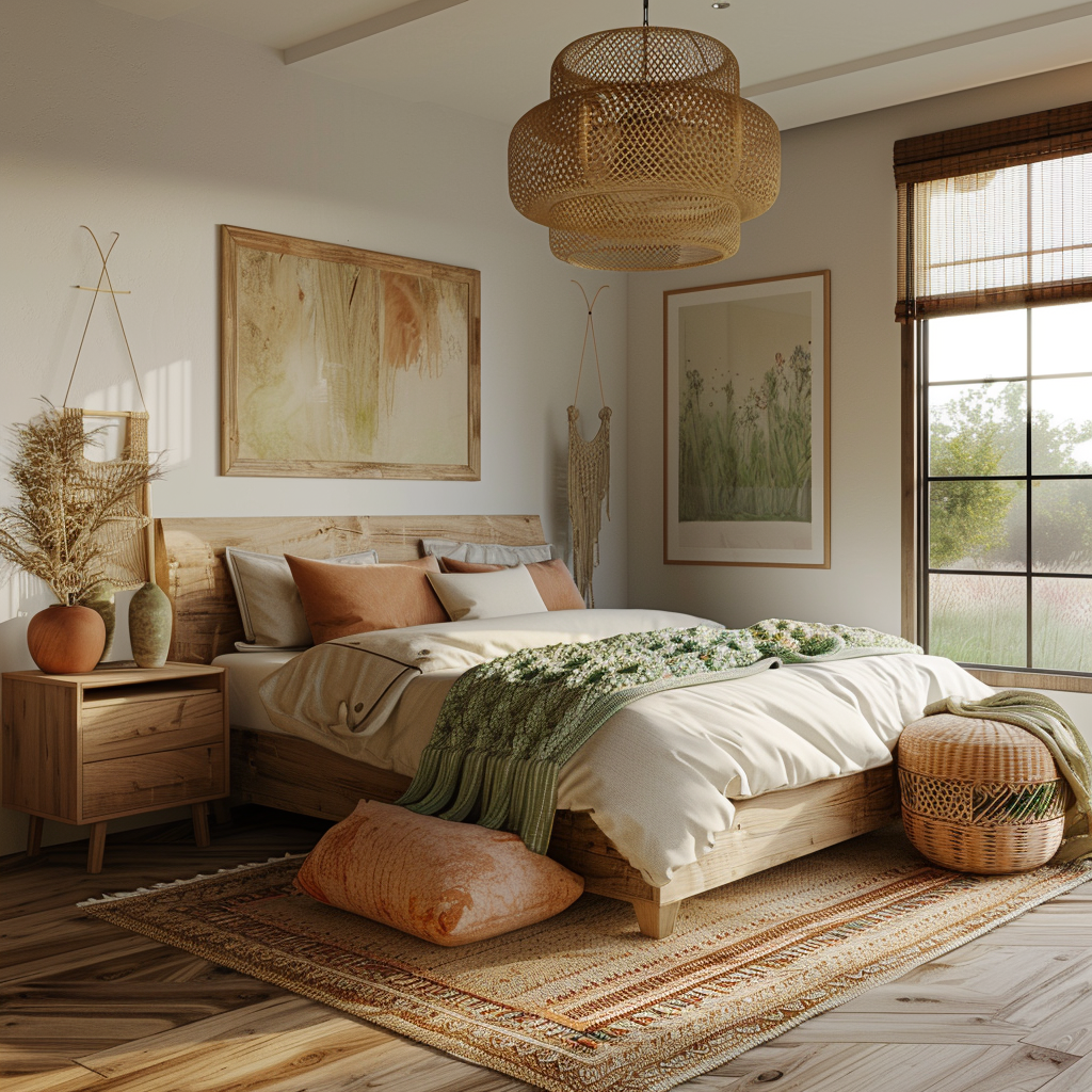 A minimalist bedroom featuring a low-profile platform bed, upcycled wooden nightstands, vintage storage unit, and handmade decor items in a serene, modern style with soft neutral tones, sage green accents, and natural textures.