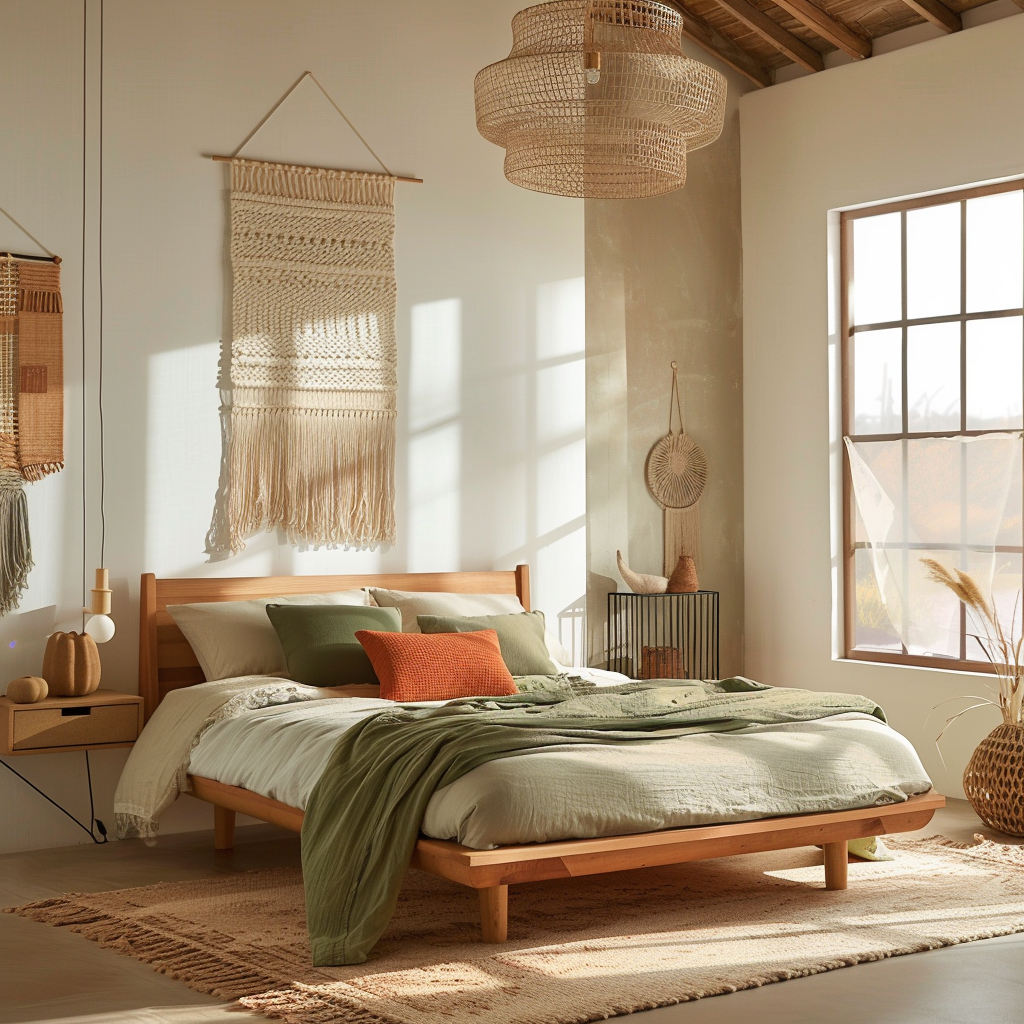 Minimalist bedroom with handmade decor, featuring a platform bed, upcycled nightstands, vintage storage, DIY upholstered headboard, and natural light from large windows.