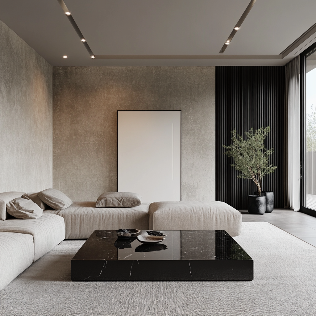 Minimalist modern living room with light gray modular sofa, black metal-frame coffee table with clear glass top, and a matte white wall-mounted console, bathed in soft natural light from large windows.