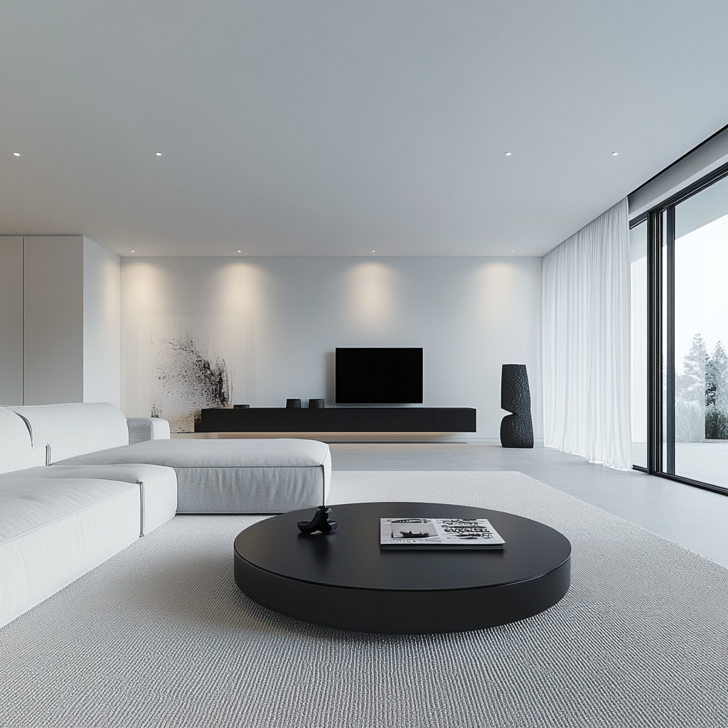 Modern minimalist living room with monochromatic decor, featuring a light gray sectional sofa, sleek black media console, natural light through floor-to-ceiling windows, and a striking black abstract sculpture.