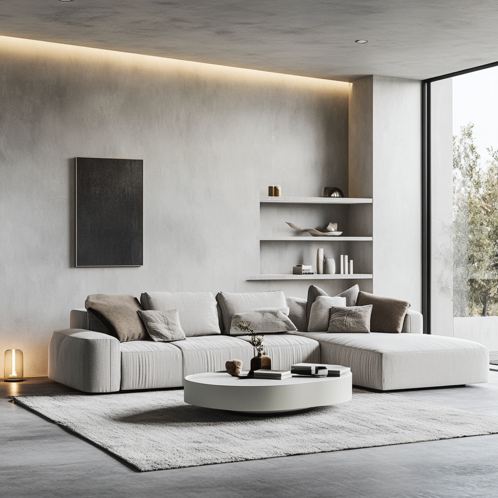 Photorealistic image of a minimalist modern living room with innovative storage solutions, showcasing clean lines, monochrome palette, and functional furnishings with a sleek sectional sofa, white coffee table, floating shelves, built-in wall unit, natural light, and a polished concrete floor.