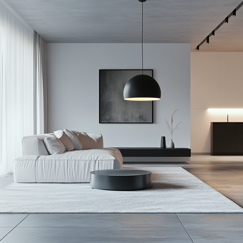 A modern minimalist living room in soft lighting, featuring a white modular sofa, black coffee table, and abstract monochromatic wall art, with natural light flowing through sheer white drapery.