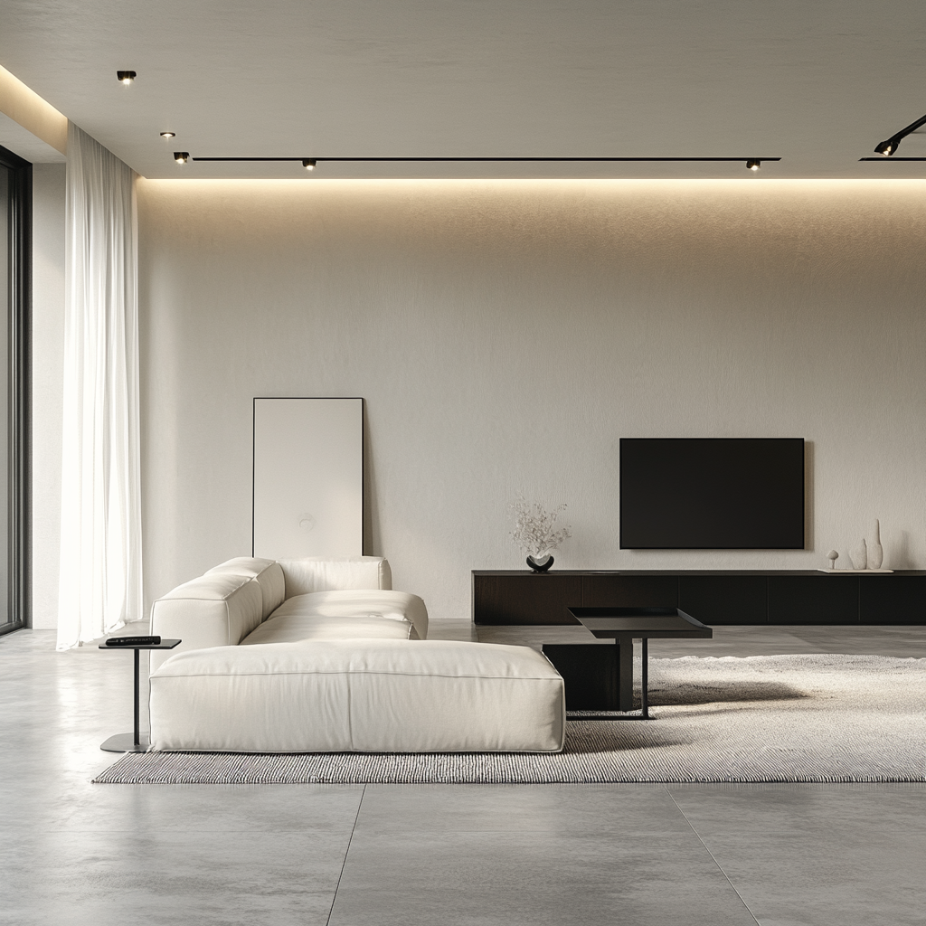 A minimalist modern living room with crisp white and soft grey tones, featuring a modular white sofa, matte-black coffee table, sleek media console, and frameless LED TV. Natural light streams through floor-to-ceiling sheer drapery, with a sculptural pendant light and spotlights adding warmth. Polished concrete flooring and abstract monochromatic art adorn the space.