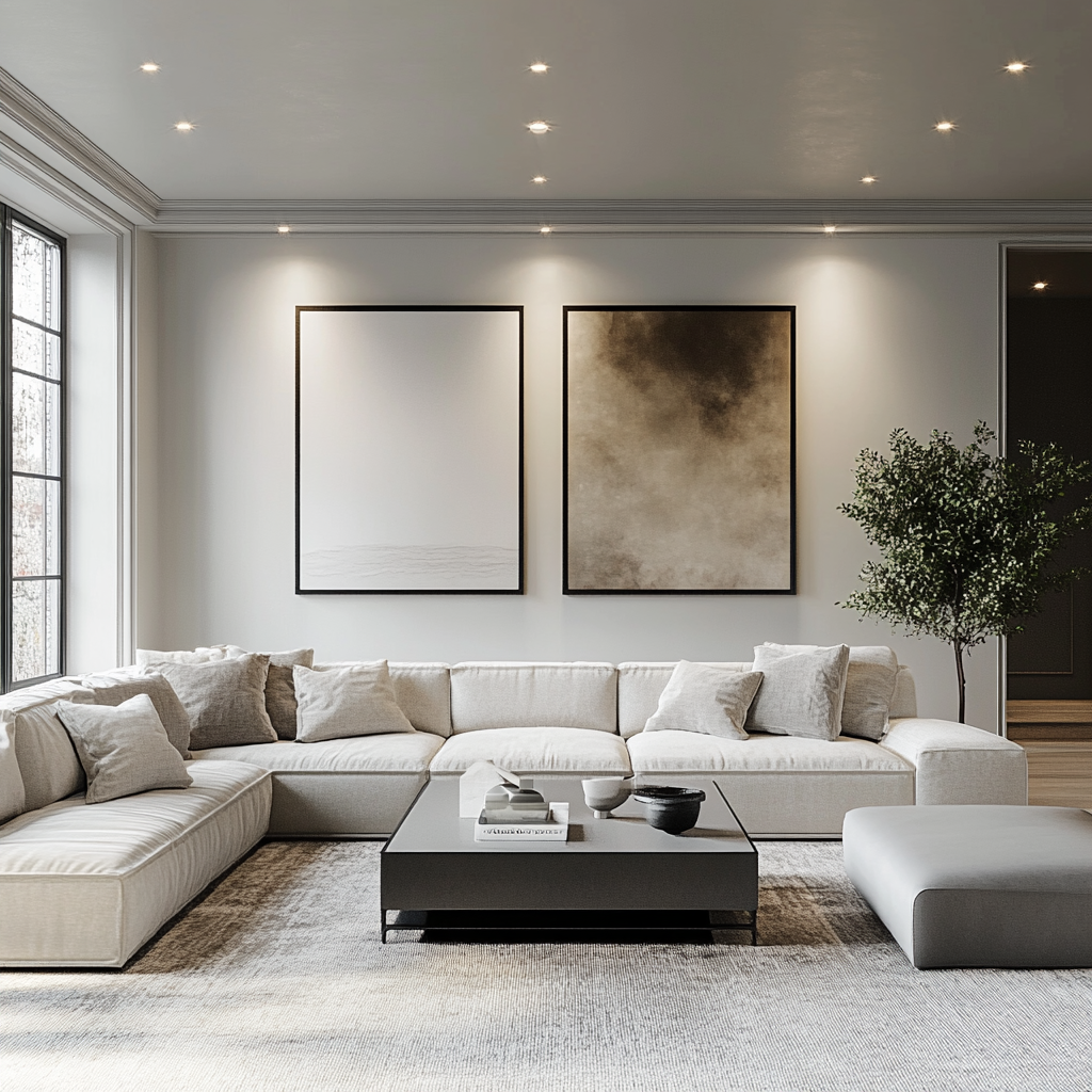 A minimalist modern living room with a light gray modular sofa, black metal-frame coffee table with clear glass top, wall-mounted white console, large unadorned windows, recessed ceiling lights, and a sculptural floor lamp. The room features soft whites and light grays with subtle black accents.