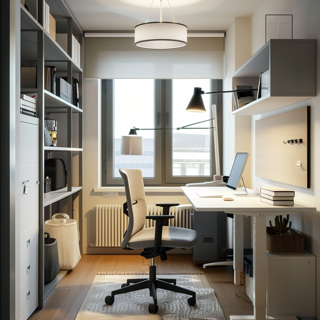 Modern small office space with white standing desk, ergonomic chair in charcoal gray, sleek shelving unit, modular storage cubes, large unobstructed window, plush wool area rug, and floating magnetic board, captured in 8K resolution.