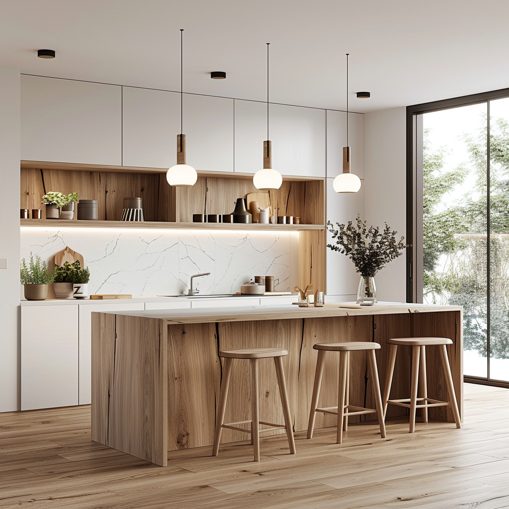 A contemporary Scandinavian kitchen featuring sleek cabinetry, floating wooden shelves, and a minimalist island with a waterfall countertop in a neutral color palette of white, gray, and natural wood, accented with cool blues. The room is well-lit by natural and LED lights.