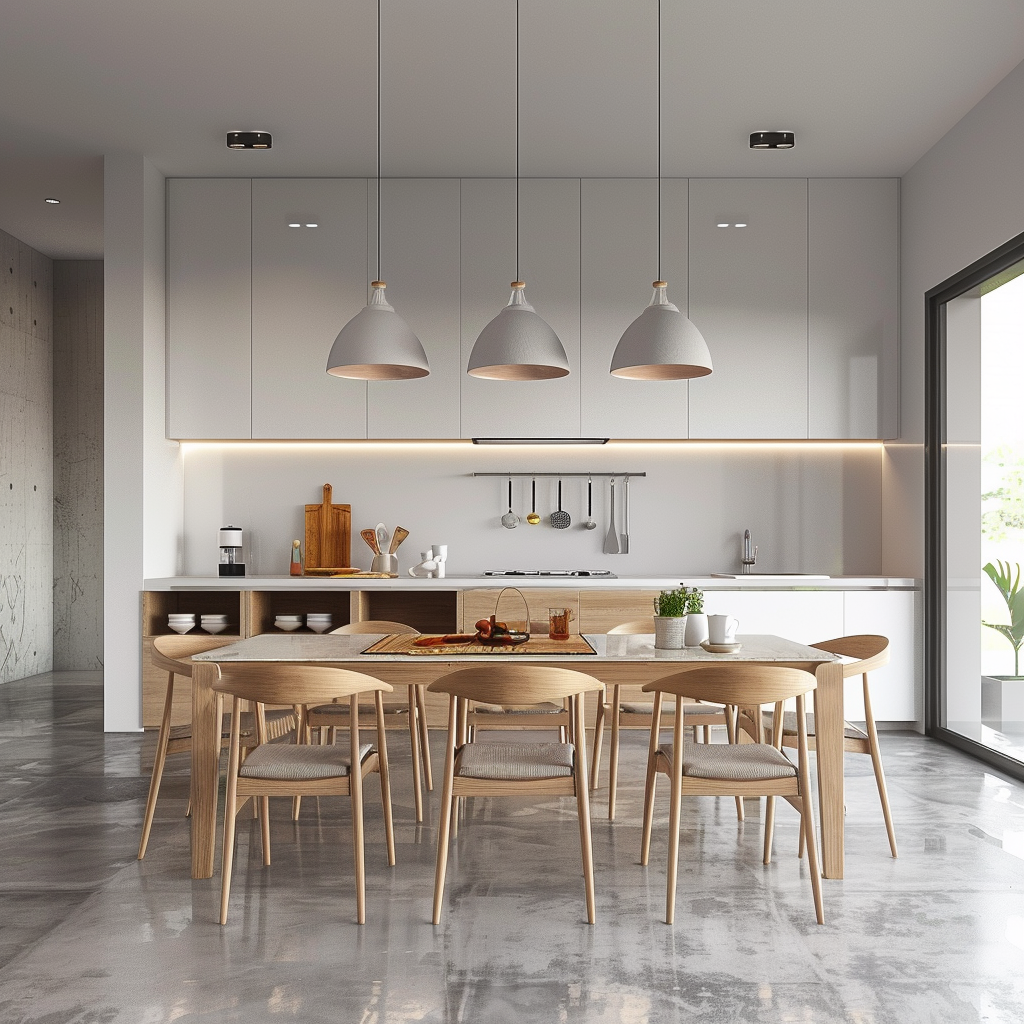 Modern Scandinavian kitchen with minimalist design, featuring light-colored wood chairs with textured cushions, natural wood accents, and modern pendant fixtures in a soft grey and white palette, illuminated by natural light from large windows.