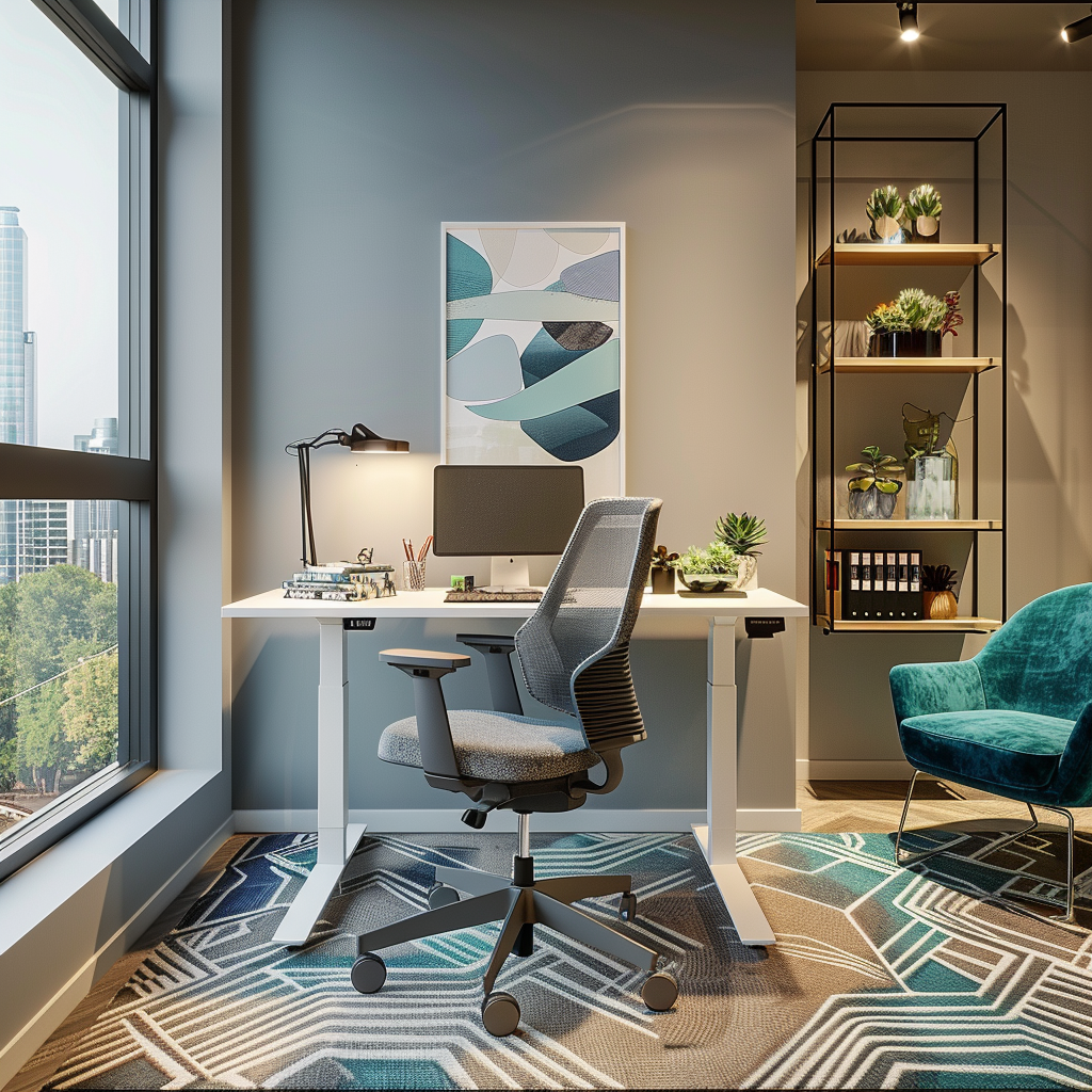 Photorealistic 8k image of a modern chic small office with minimalist design, featuring a white standing desk, charcoal mesh chair, geometric-patterned rug, teal velvet armchair, marble side table, potted succulents, and natural light streaming in through a large window.