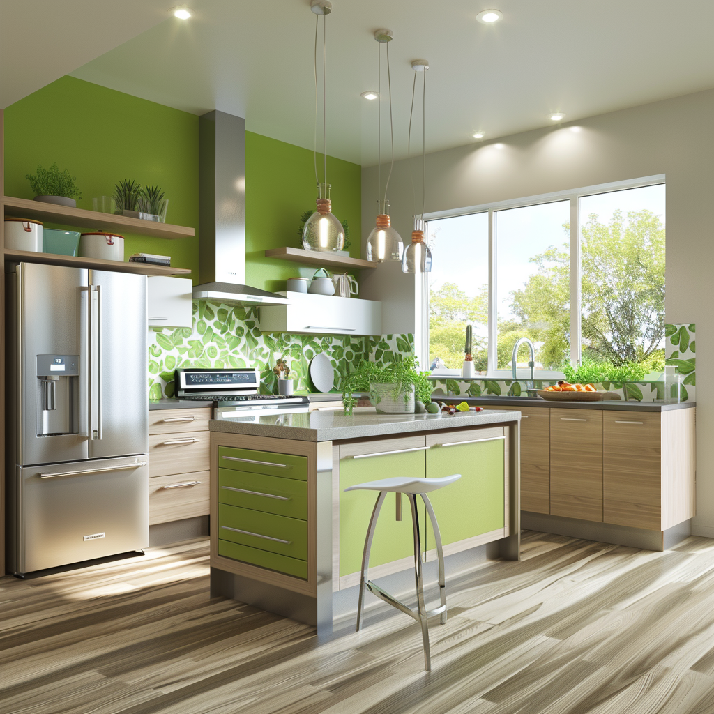 Eco-friendly modern kitchen with Energy Star appliances, featuring a recycled glass countertop island, handle-less cabinetry, bamboo flooring, reclaimed wood shelving, and an in-kitchen herb garden on the windowsill, all accentuated with vibrant green details.