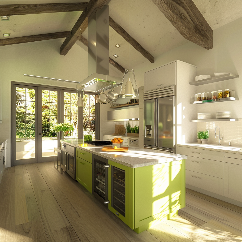 Photorealistic image of a modern, eco-friendly kitchen featuring Energy Star-rated appliances, a recycled glass countertop island, bamboo flooring, reclaimed wood shelving, ceramic tile backsplash, and a windowsill herb garden.