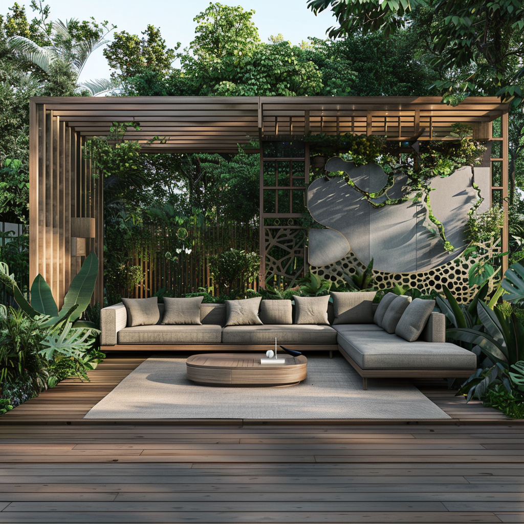 Modern outdoor living space with minimalist design featuring a teak wood and charcoal gray palette, lush greenery, cream cushions, sectional sofa, low-profile coffee table, natural and artificial lighting, and a custom metallic privacy screen. Captured in 8K resolution.