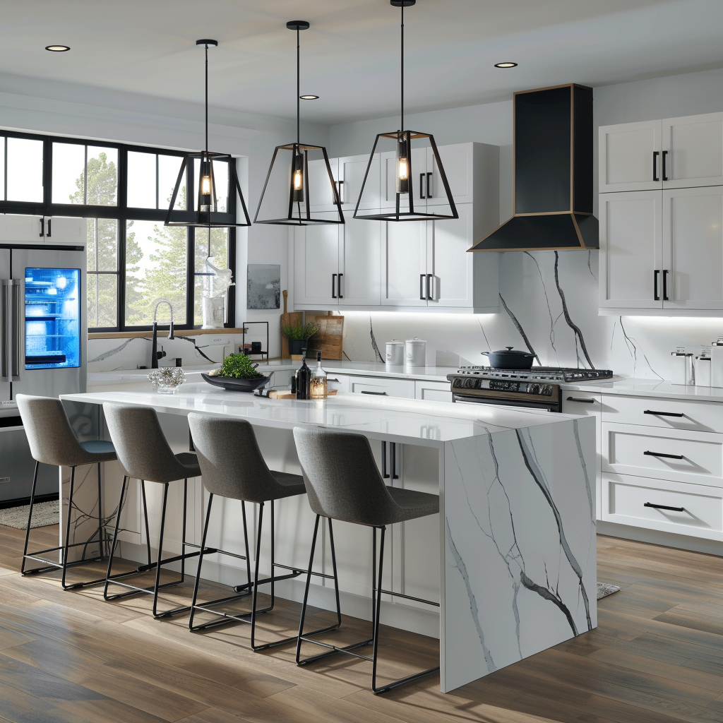 Photorealistic image of a modern-futuristic kitchen blending minimalist modern design with traditional elements. Features a quartz countertop island, stainless steel appliances, vintage-inspired stove, industrial-chic pendant lights, and a hydroponic herb garden. The room is accented with bold black and vivid electric blue, with detailed materials like marble, wood, and steel under perfect lighting.