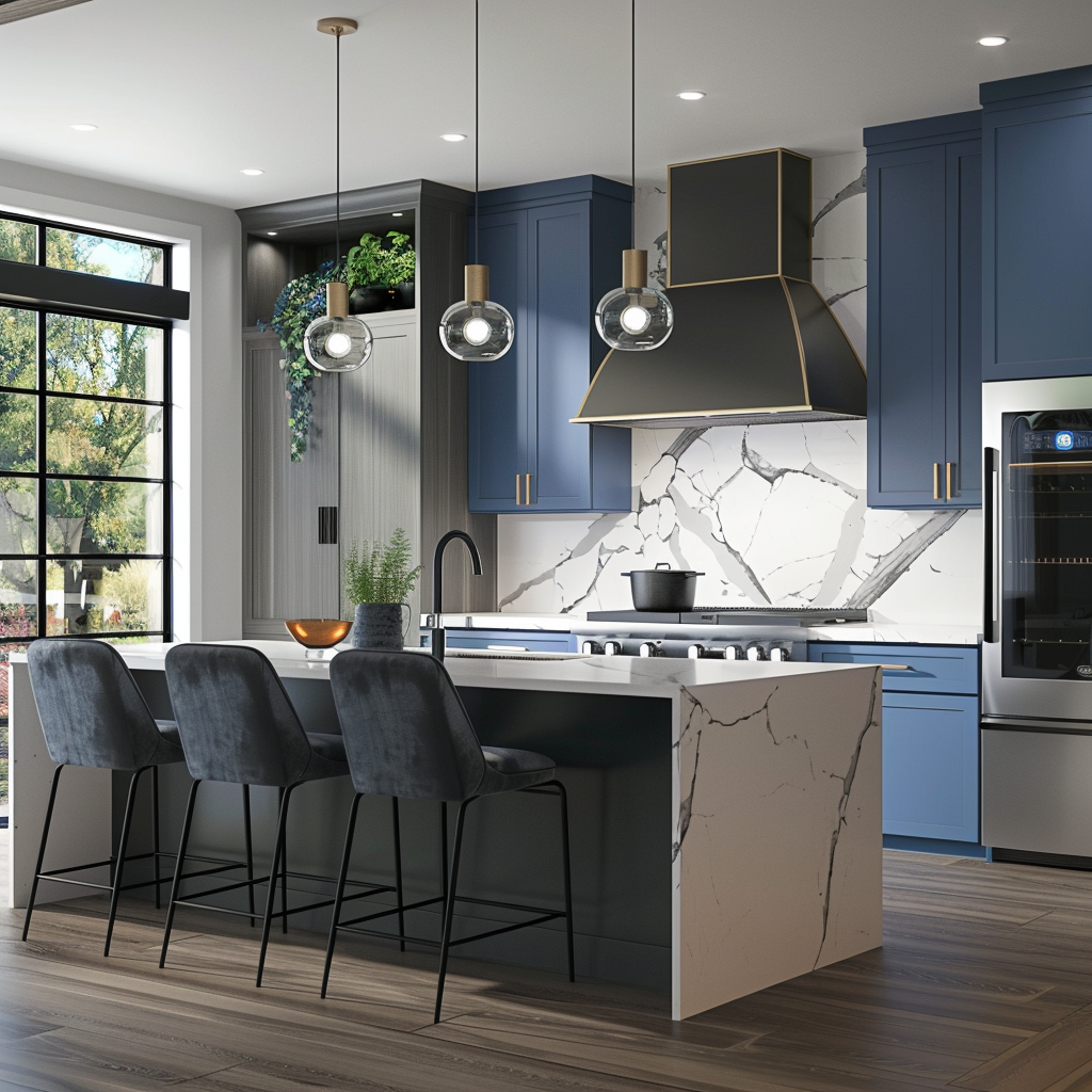 A modern kitchen blending futuristic and traditional elements with a central island, high-back chairs, stainless steel appliances, electric blue accents, vintage-inspired stove, industrial-chic pendant lights, and a hydroponic herb garden window box.