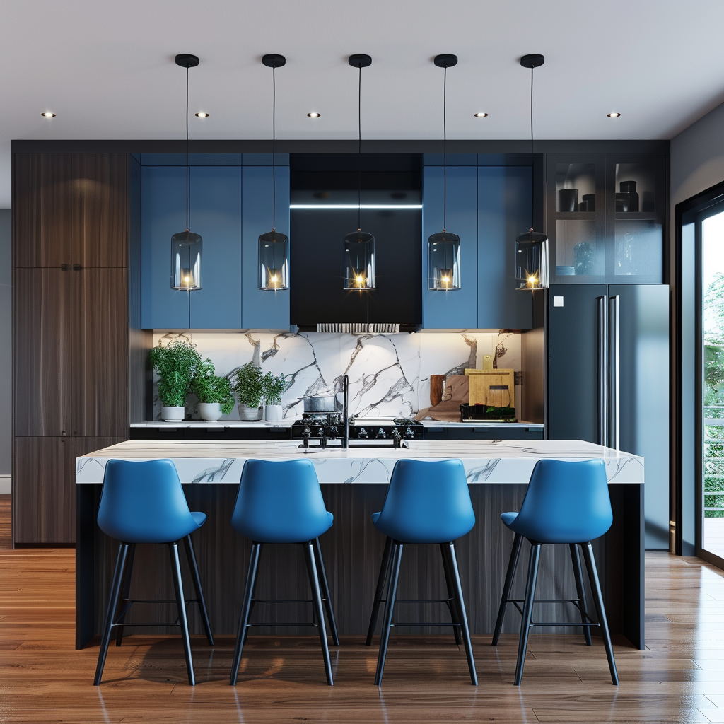 A modern-futuristic kitchen combining minimalist and traditional design, featuring a quartz island with high-back chairs, stainless steel appliances, a vintage-inspired stove, industrial-chic pendant lights, wooden floors, large windows, and blue accents.