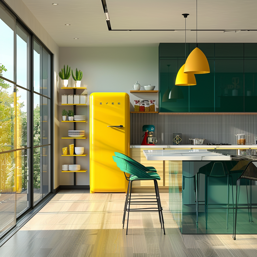 Photorealistic interior of a modern kitchen with 2024 Color Pop Revolution trend, highlighting vibrant jewel tones, clean lines, and a canary yellow retro refrigerator.