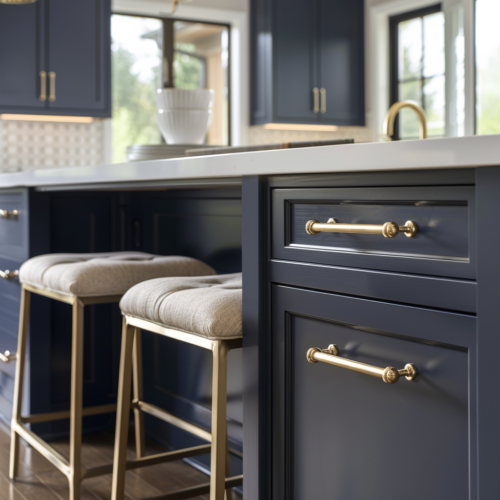 Close-up of elegant kitchen cabinet hardware in a modern kitchen with cool gray and crisp white color palette, featuring brushed gold accents, a minimalist island, sleek bar stools, and polished stone countertops, captured in 8K resolution.