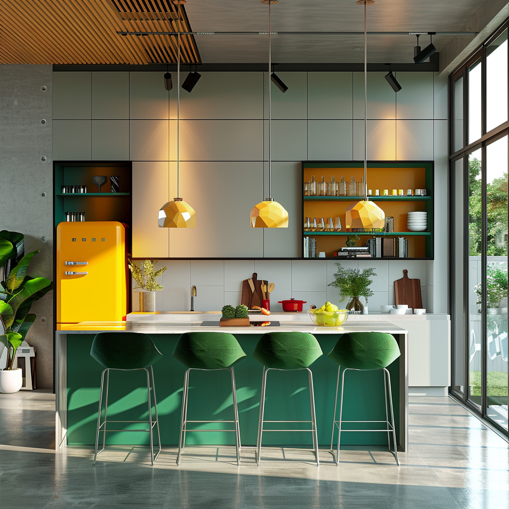 Photorealistic kitchen interior with 2024 'Color Pop Revolution' trend, showcasing vibrant jewel tones including emerald green, sapphire blue, canary yellow, and ruby red. Features a sleek minimalist design with a quartz-topped island, emerald green bar stools, sapphire blue shelves, a canary yellow retro refrigerator, and natural lighting from large windows.